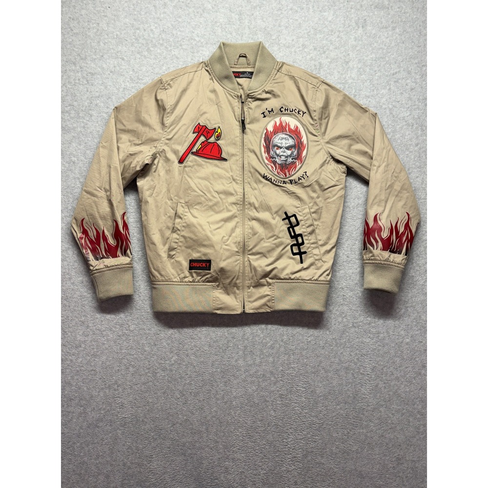 Chucky Seed of Chucky Tan Bomber Jacket Flaming Skull Graphic Mens S F2008 AX